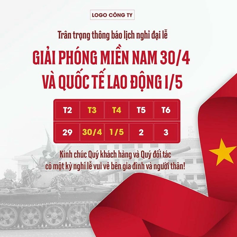 Mẫu Poster Lịch Nghỉ Lễ 30/4 - 1/5 File PSD Chuyên Nghiệp
