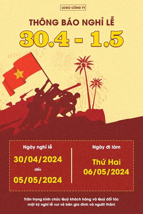 Mẫu Poster Thông Báo Nghỉ Lễ 30/4 - 1/5 File PSD Chuyên Nghiệp