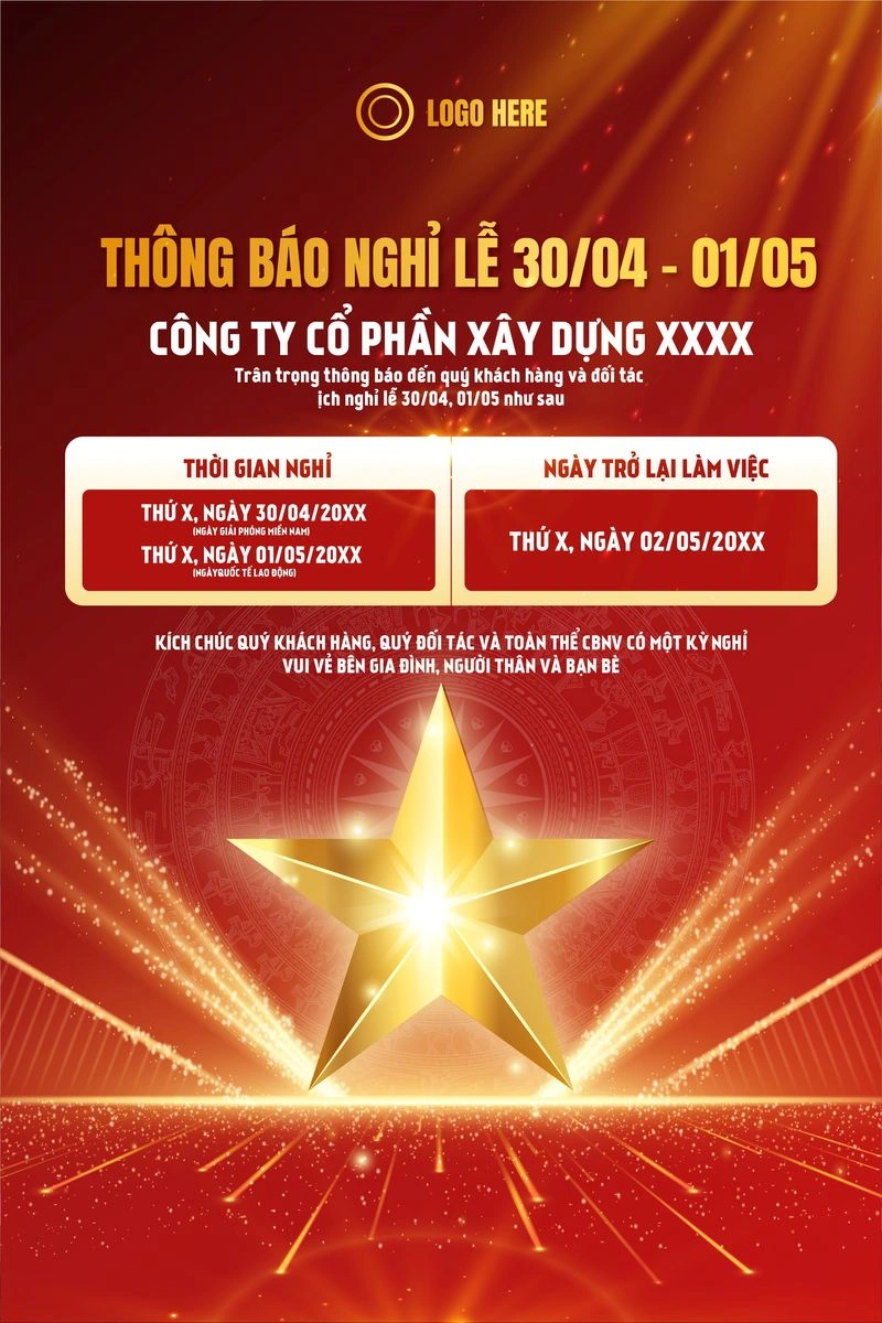 Mẫu Poster Thông Báo Nghỉ Lễ 30/4 & 1/5 File AI Vector Chất Lượng Cao